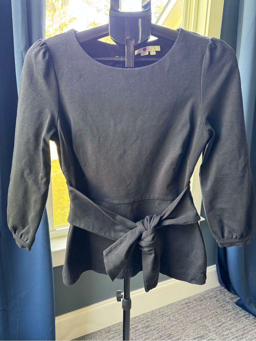 Boden Dark Gray/Black Tie-Waist Peplum Blouse ¾ Sleeve US Size 6 EUC
